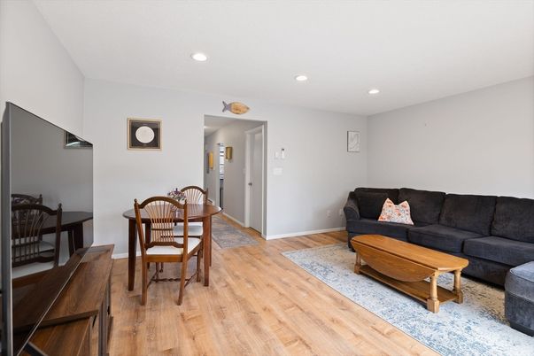 Dining room, Interior, Living room, Recessed Lighting, Wood Texture Flooring