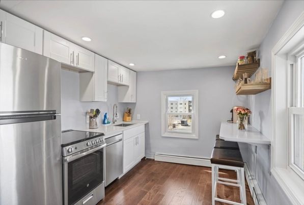 Interior, Kitchen, Recessed Lighting, Stainless Steel Appliances, Wood Texture Flooring