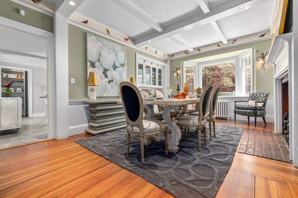 Dining room, Interior, Recessed Lighting, Wood Texture Flooring
