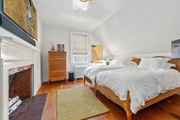 Bedroom, Fireplace, Interior, Wood Texture Flooring