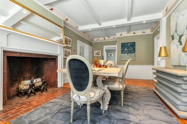 Dining room, Fireplace, Interior, Recessed Lighting, Wood Texture Flooring