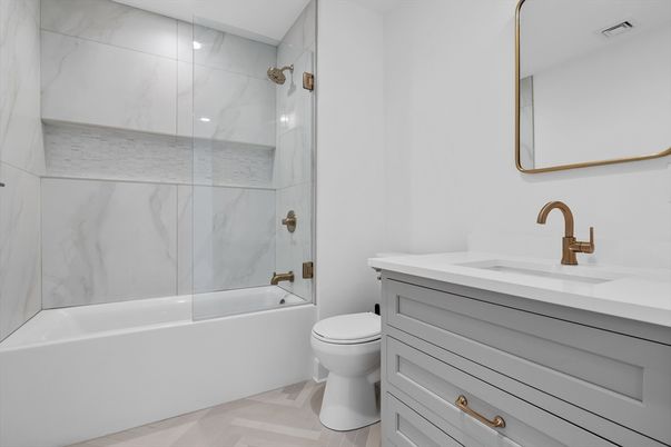 Bathroom, Glass Shower, Interior, Marble Walls, Wood Texture Flooring