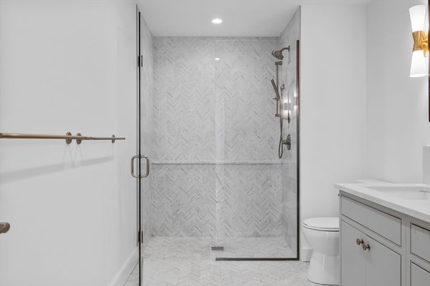 Bathroom, Glass Shower, Interior, Marble Walls, Recessed Lighting