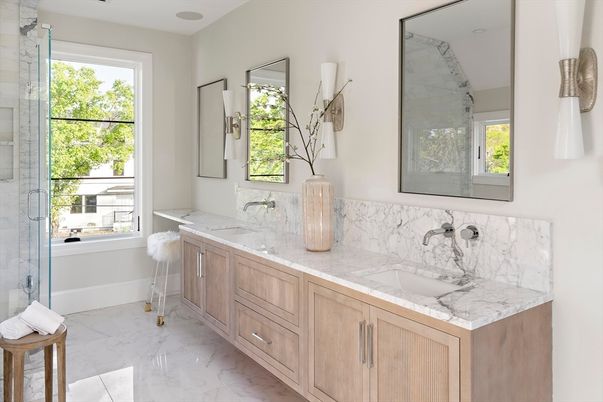 Bathroom, Dual Sink Vanities, Glass Shower, Interior, Marble, Marble Walls