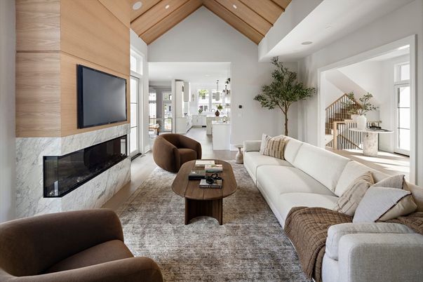 Fireplace, Interior, Living room, Pendant Lights, Recessed Lighting, Wooden Ceilings, Wood Texture Flooring, Wooden Walls