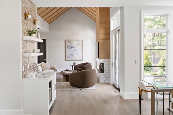 Dining room, Fireplace, Interior, Living room, Stone Walls, Wooden Ceilings, Wood Texture Flooring