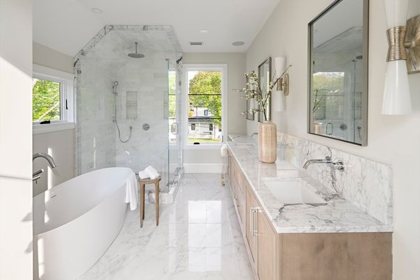 Bathroom, Dual Sink Vanities, Free Standing Baths, Glass Shower, Interior, Marble, Marble Walls, Recessed Lighting