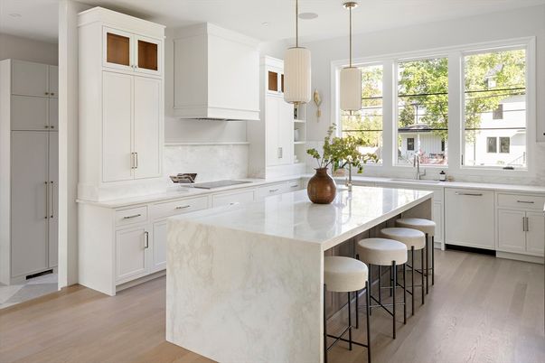 Interior, Kitchen, Marble Walls, Pendant Lights, Recessed Lighting, Wood Texture Flooring