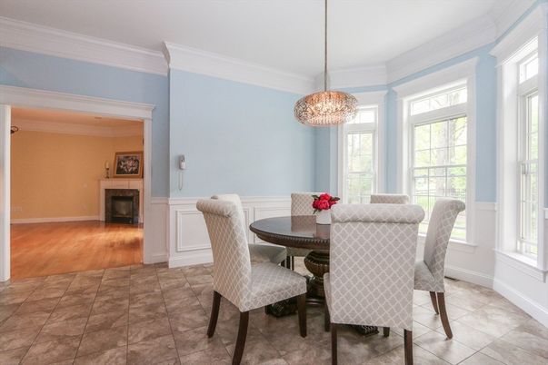 Dining room, Fireplace, Interior, Pendant Lights, Wood Texture Flooring