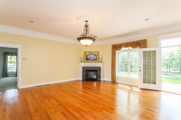 Empty room, Fireplace, Interior, Pendant Lights, Wood Texture Flooring