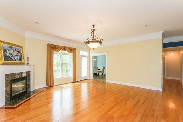 Dining room, Empty room, Fireplace, Interior, Pendant Lights, Wood Texture Flooring