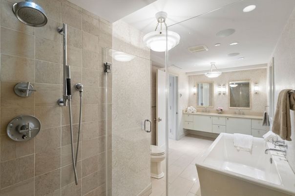 Bathroom, Dual Sink Vanities, Glass Shower, Interior, Pendant Lights, Recessed Lighting