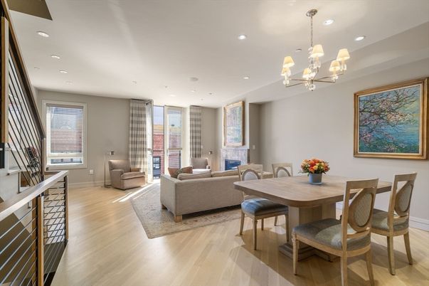 Chandelier, Dining room, Fireplace, Interior, Living room, Recessed Lighting, Wood Texture Flooring