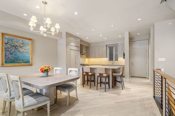Chandelier, Dining room, Interior, Kitchen, Pendant Lights, Recessed Lighting, Stainless Steel Appliances, Wood Texture Flooring