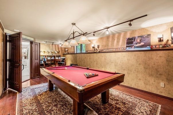 Billiard Table, Chandelier, Game Room, Interior, Wood Texture Flooring