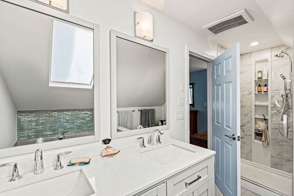 Bathroom, Dual Sink Vanities, Glass Shower, Interior, Marble Walls, Recessed Lighting