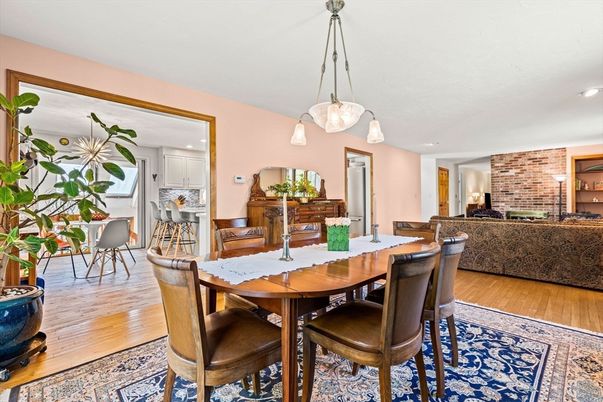 Dining room, Fireplace, Interior, Kitchen, Living room, Pendant Lights, Recessed Lighting, Stone Walls, Wood Texture Flooring