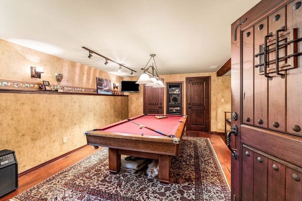 Billiard Table, Game Room, Interior, Pendant Lights, Wood Texture Flooring
