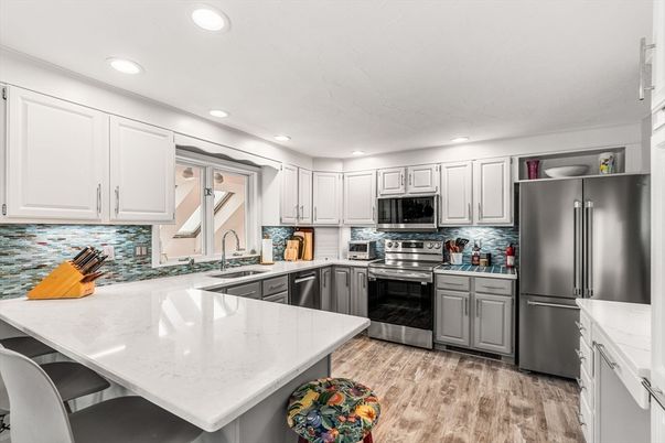 Interior, Kitchen, Recessed Lighting, Stainless Steel Appliances, Wood Texture Flooring
