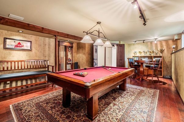 Billiard Table, Chandelier, Game Room, Interior, Pendant Lights, Wood Texture Flooring