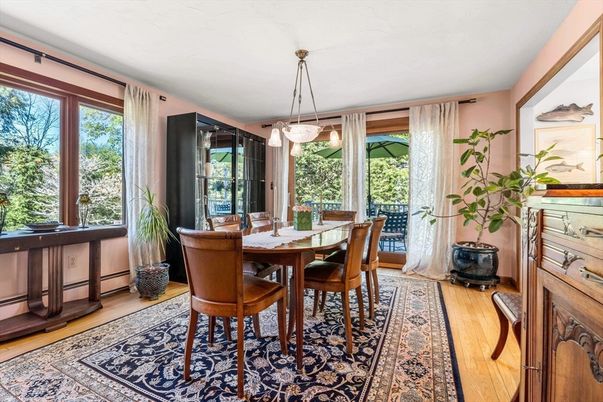 Dining room, Interior, Pendant Lights, Wood Texture Flooring