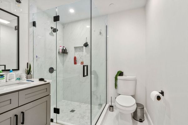 Bathroom, Glass Shower, Interior, Marble Walls, Recessed Lighting