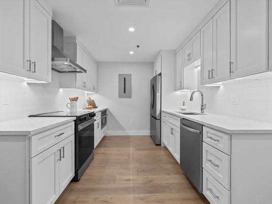 Interior, Kitchen, Recessed Lighting, Stainless Steel Appliances, Wood Texture Flooring