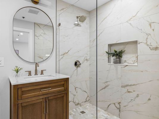 Bathroom, Glass Shower, Interior, Marble Walls, Recessed Lighting