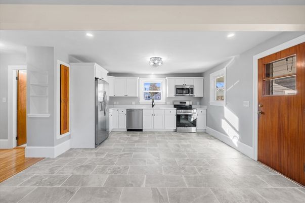 Interior, Kitchen, Recessed Lighting, Stainless Steel Appliances, Wood Texture Flooring