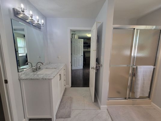 Bathroom, Dual Sink Vanities, Glass Shower, Interior, Marble