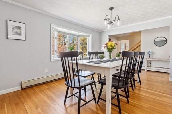 Dining room, Interior, Pendant Lights, Wood Texture Flooring