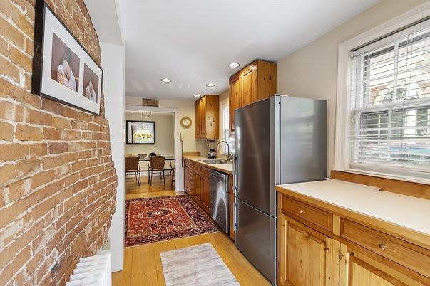 Dining room, Interior, Kitchen, Pendant Lights, Recessed Lighting, Stone Walls, Wood Texture Flooring
