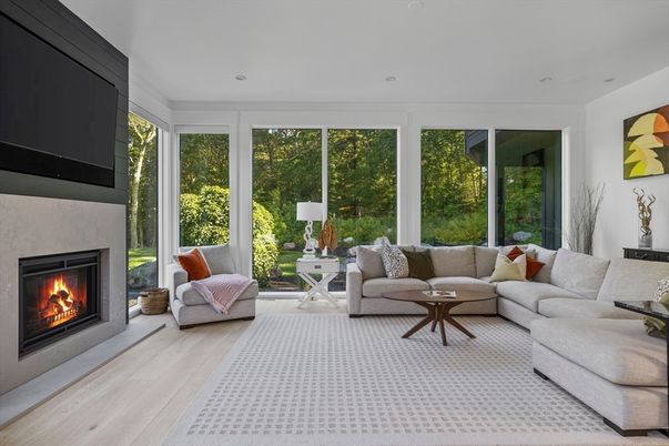 Fireplace, Interior, Living room, Recessed Lighting, Wood Texture Flooring