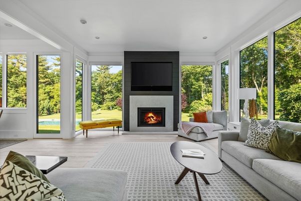 Fireplace, Interior, Living room, Recessed Lighting, Wood Texture Flooring