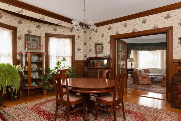 Dining room, Interior, Pendant Lights, Wood Texture Flooring