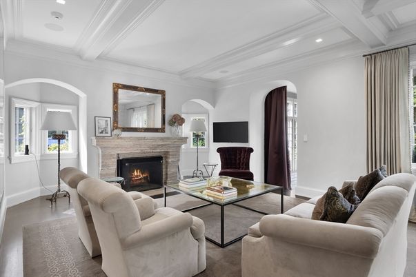 Fireplace, Interior, Living room, Recessed Lighting, Wood Texture Flooring