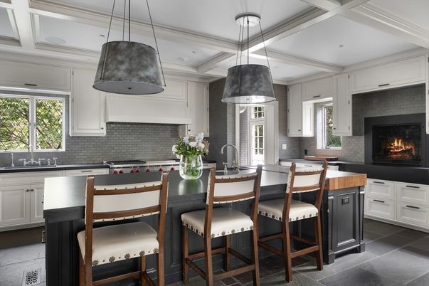 Fireplace, Interior, Kitchen, Pendant Lights, Recessed Lighting, Stainless Steel Appliances