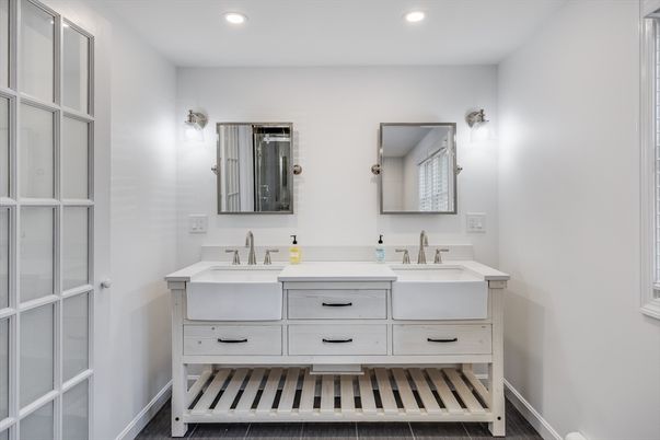Bathroom, Dual Sink Vanities, Interior, Recessed Lighting, Wood Texture Flooring