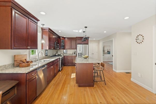 Interior, Kitchen, Pendant Lights, Recessed Lighting, Stainless Steel Appliances, Wood Texture Flooring