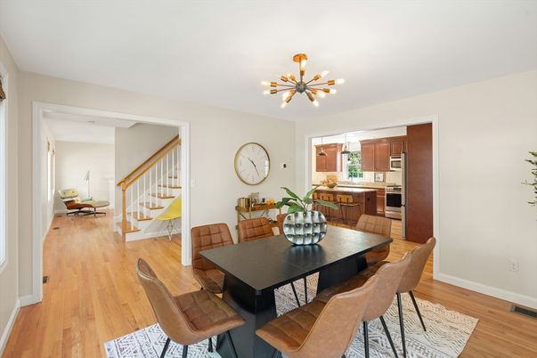 Dining room, Interior, Kitchen, Pendant Lights, Wood Texture Flooring