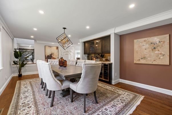 Dining room, Interior, Pendant Lights, Recessed Lighting, Wood Texture Flooring