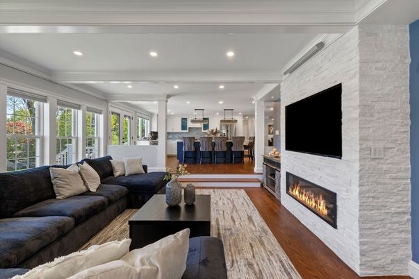 Fireplace, Interior, Kitchen, Living room, Pendant Lights, Recessed Lighting, Stone Walls, Wood Texture Flooring