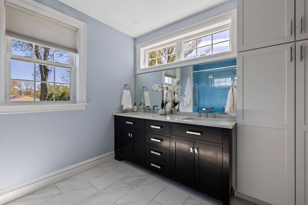 Bathroom, Dual Sink Vanities, Interior, Marble, Recessed Lighting