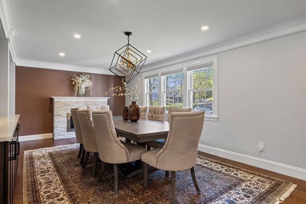 Dining room, Fireplace, Interior, Pendant Lights, Recessed Lighting, Wood Texture Flooring