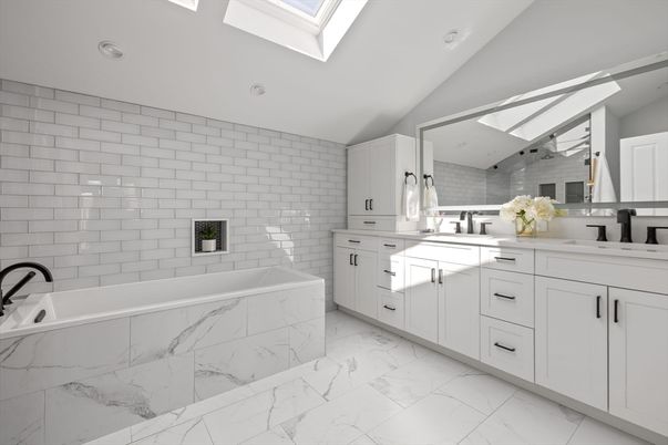 Bathroom, Dual Sink Vanities, Interior, Marble, Recessed Lighting
