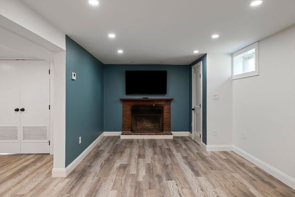 Empty room, Fireplace, Interior, Recessed Lighting, Wood Texture Flooring