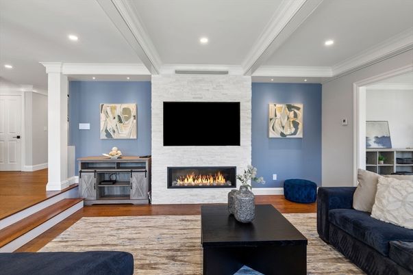 Fireplace, Interior, Living room, Recessed Lighting, Wood Texture Flooring