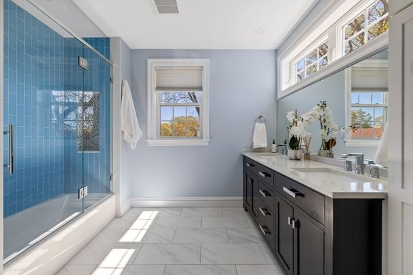 Bathroom, Dual Sink Vanities, Glass Shower, Interior, Marble, Recessed Lighting