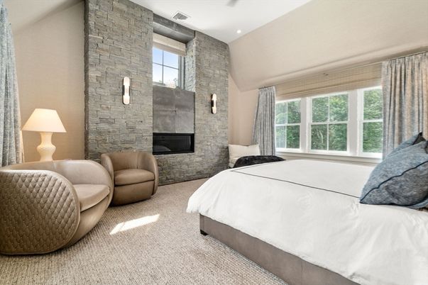 Bedroom, Fireplace, Interior, Recessed Lighting, Stone Walls