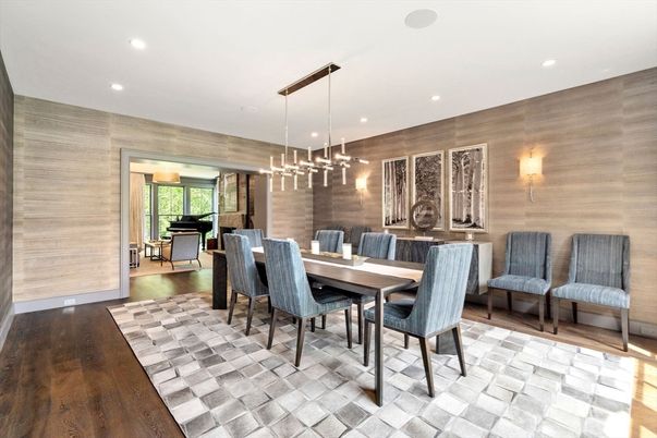Dining room, Interior, Pendant Lights, Piano, Recessed Lighting, Wood Texture Flooring, Wooden Walls